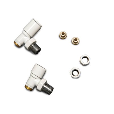 Kit robinet radiateur équerre + coude 1/2" rond, chromé, blanc ou noir